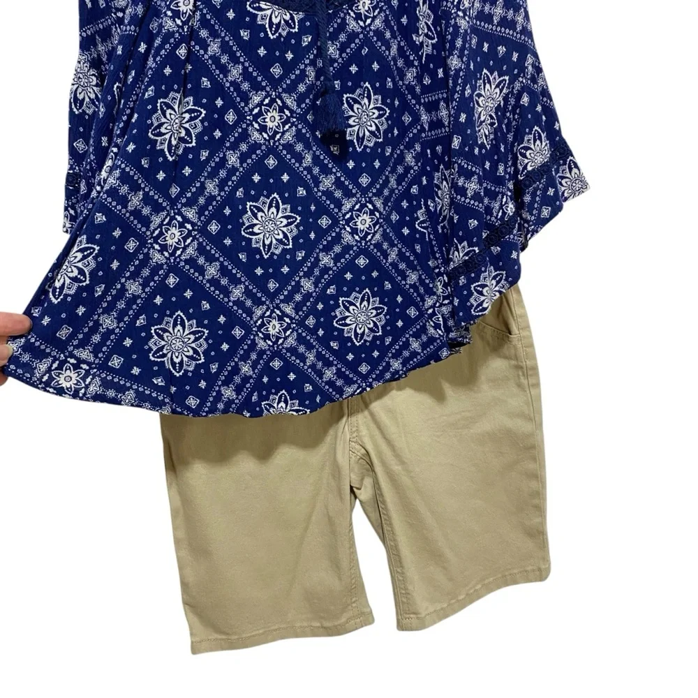 JUSTICE Top Shorts Set 2-Pieces Size 12 Blue Tan Boho Classic Bermuda Length